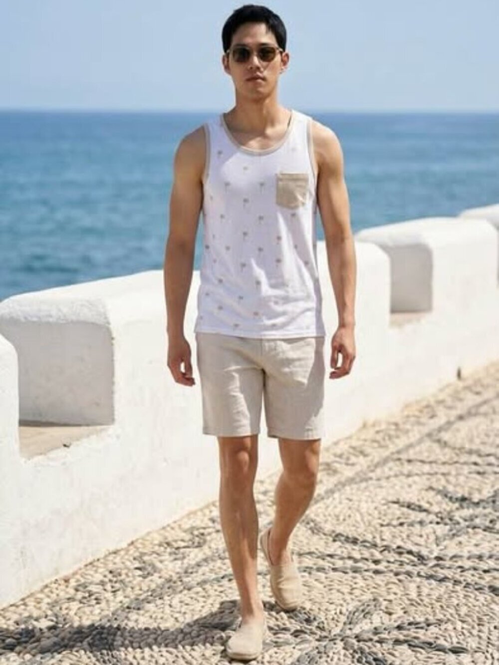 Men's Palm Tree Print Tank Top White Sleeveless Tank Shirt